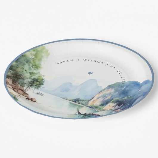 Zachte Waterverf Kust Thailand Zeegezicht Bruiloft Papieren Bordje (Gekanteld)