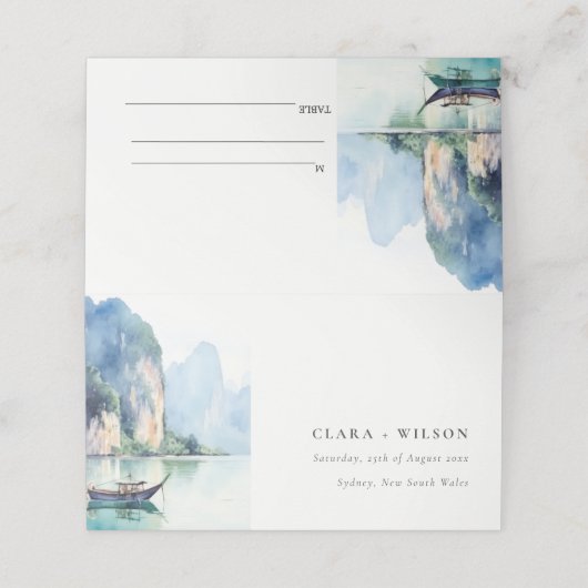 Zachte Waterverf Kust Thailand Zeegezicht Bruiloft Plaatskaartje (Buitenkant ongevouwen)