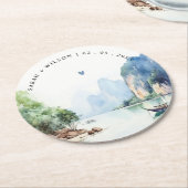 Zachte Waterverf Kust Thailand Zeegezicht Bruiloft Ronde Kartonnen Onderzetter (Gebogen)
