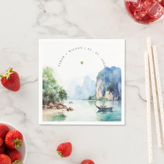 Zachte Waterverf Kust Thailand Zeegezicht Bruiloft Servet (Insitu)