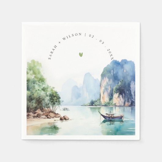 Zachte Waterverf Kust Thailand Zeegezicht Bruiloft Servet (Voorkant)