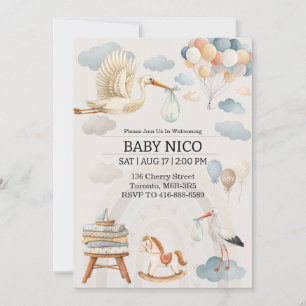 Zachte Waterverf Ooievaar Baby Borrel Uitnodiging