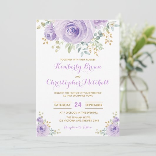 Zachte Waterverf Paarse Lila Floral Wedding Party Kaart (Staand voorkant)