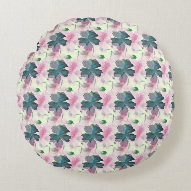 Zachte Waterverf Roze Bloemmotief Rond Kussen (Voorkant)