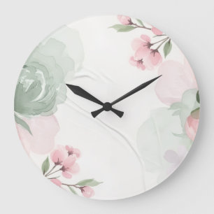 Zachte Waterverf Roze en Groene Bloem Frame Grote Klok