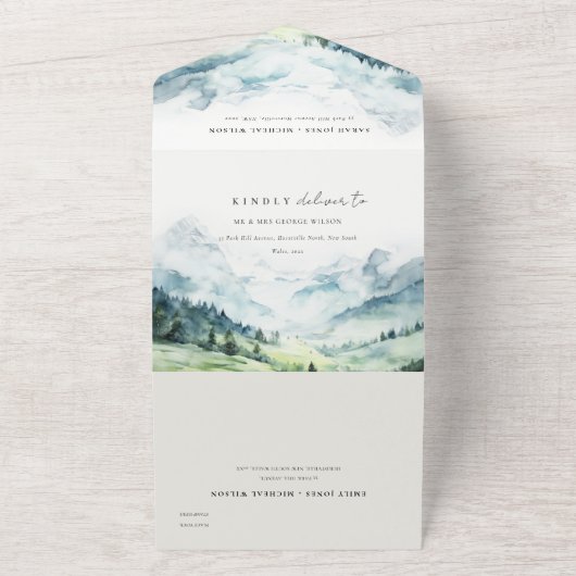 Zachte Waterverf Sneeuwberglandschap Bruiloft All In One Uitnodiging (Buitenkant)