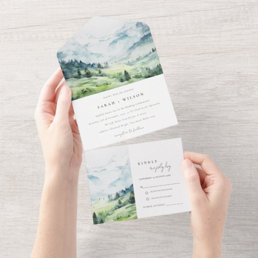 Zachte Waterverf Sneeuwberglandschap Bruiloft All In One Uitnodiging (Afscheurbaar)