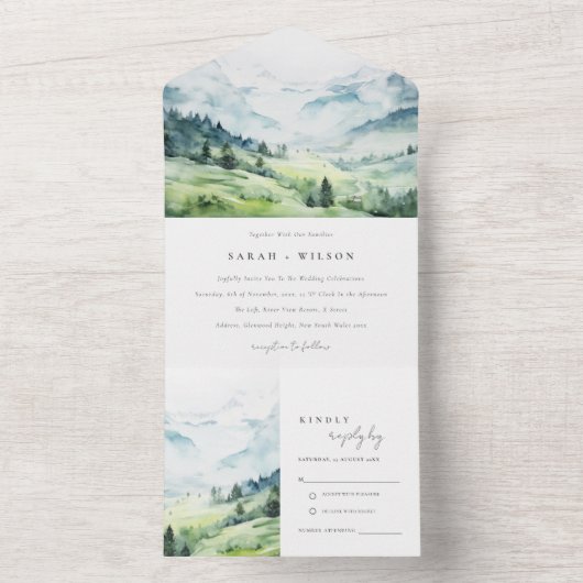 Zachte Waterverf Sneeuwberglandschap Bruiloft All In One Uitnodiging (Binnen)