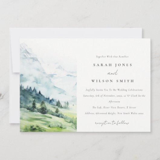 Zachte Waterverf Sneeuwberglandschap Bruiloft Kaart (Voorkant)