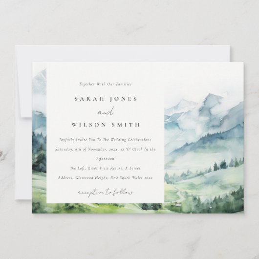 Zachte Waterverf Sneeuwberglandschap Bruiloft Kaart (Voorkant)