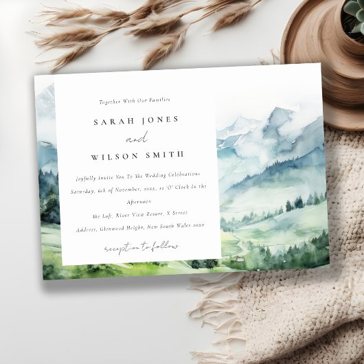 Zachte Waterverf Sneeuwberglandschap Bruiloft Kaart