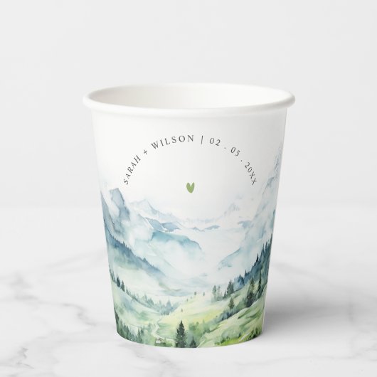 Zachte Waterverf Sneeuwberglandschap Bruiloft Papieren Bekers (Achterkant)