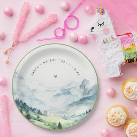 Zachte Waterverf Sneeuwberglandschap Bruiloft Papieren Bordje (Feest)