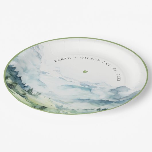 Zachte Waterverf Sneeuwberglandschap Bruiloft Papieren Bordje (Gekanteld)