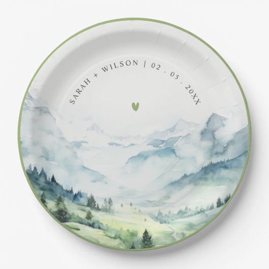 Zachte Waterverf Sneeuwberglandschap Bruiloft Papieren Bordje (Voorkant)