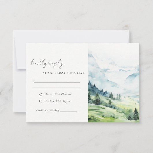 Zachte Waterverf Sneeuwberglandschap Bruiloft RSVP Kaartje (Voorkant)
