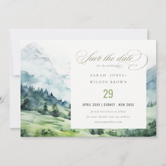 Zachte Waterverf Sneeuwberglandschap Bruiloft Save The Date (Voorkant)