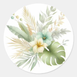 Zachte Waterverf Tropische Bladeren & Bloemen Stic Ronde Sticker