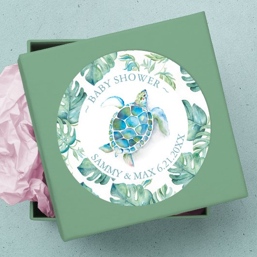 Zachte waterverf zeeschildpad en groen favor ronde sticker