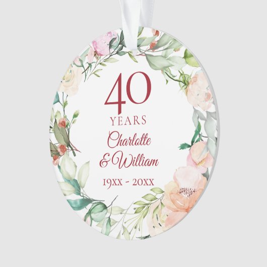 Zachte waterverfbladeren 40e verjaardag foto ornament (voorkant)