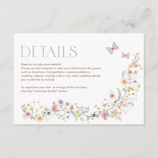 Zachte Wildbloem Sprookje Tuin Bruiloft Details Informatiekaartje (Voorkant)