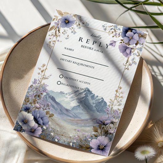 Zachte Wilde Bloemen Berg Bruiloft RSVP Kaartje