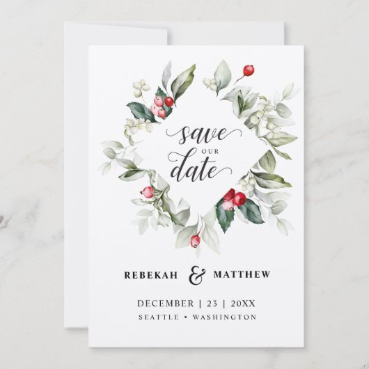 Zachte Winter Berry-kerstbruiloft | Foto Save The Date (Voorkant)