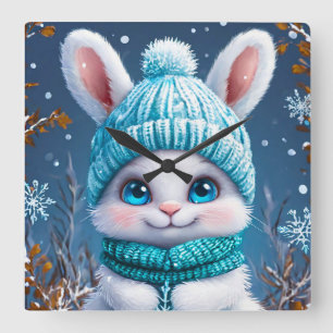 ❄️ Zachte Winter Konijn Nursery Decor Cadeau 🐰 Vierkante Klok