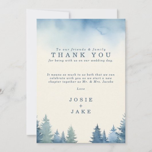 Zachte winter pijnbomen trouwtafel dank u bedankkaart (Voorkant)