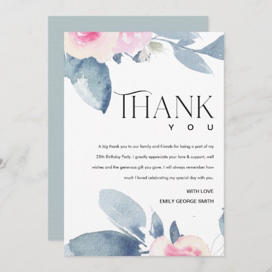 ZACHTE WITTE BLUSH BLUE FLORAL 25E AGENTSCHAP BEDANKKAART (Voorkant / Achterkant)