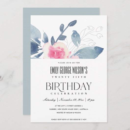 ZACHTE WITTE BLUSH BLUE FLORAL 25th ANY OUD BIRTHD Kaart (Voorkant / Achterkant)