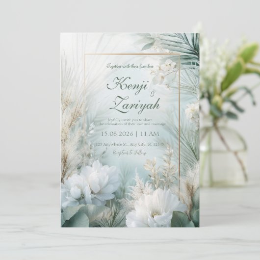 Zachte witte botanische bloemenbruiloft kaart (Staand voorkant)