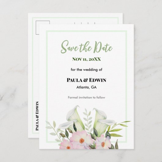 Zachte witte Calla Lily Roos bruiloft Save The Dat Aankondigingskaart (Voorkant / Achterkant)