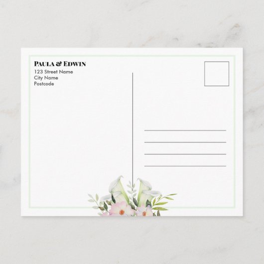 Zachte witte Calla Lily Roos bruiloft Save The Dat Aankondigingskaart (Achterkant)