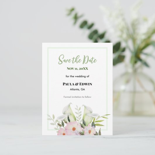 Zachte witte Calla Lily Roos bruiloft Save The Dat Aankondigingskaart (Staand voorkant)