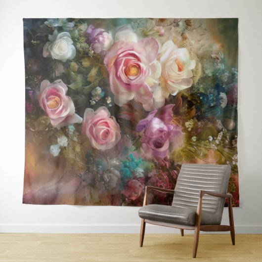zachte witte en roze rozen, geverfd wandkleed (In Situ (horizontaal))