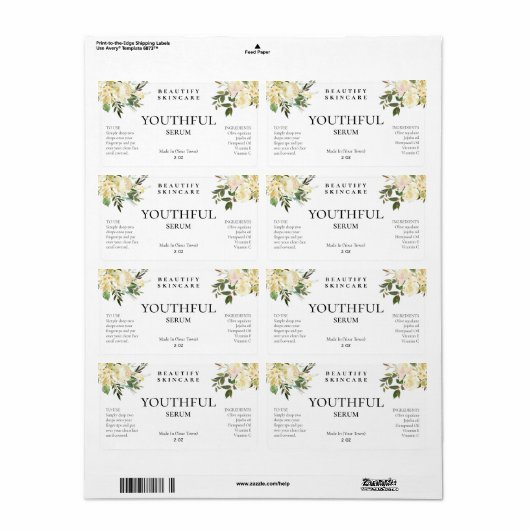 Zachte witte florale oplossing Face Serum Labels (Full Sheet)
