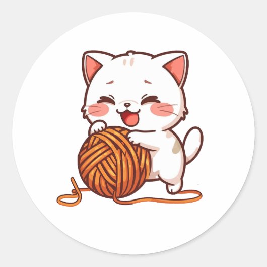 Zachte Witte Kat Speelt met Wollen Bal sticker (Voorkant)