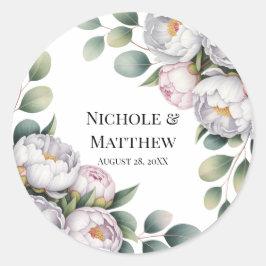 Zachte Witte Pioen met Eucalyptusbladeren Bruiloft Ronde Sticker