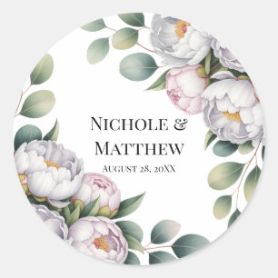 Zachte Witte Pioen met Eucalyptusbladeren Bruiloft Ronde Sticker