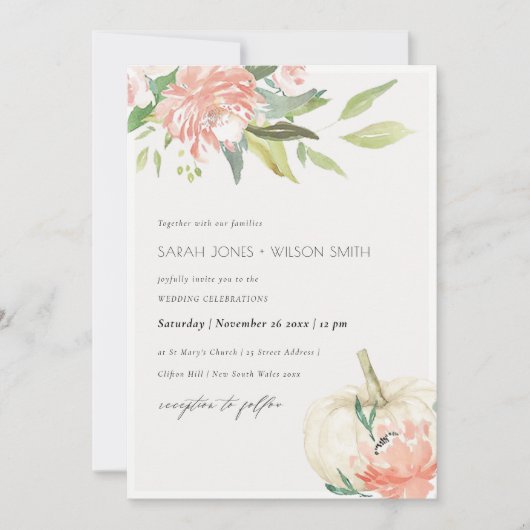 Zachte Witte Pompoen Blush Bloemige Trouw Uitnodig Bedankkaart (Voorkant)