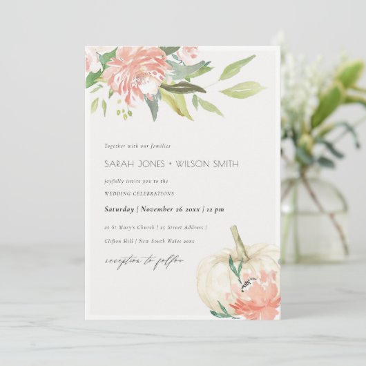 Zachte Witte Pompoen Blush Bloemige Trouw Uitnodig Bedankkaart (Staand voorkant)