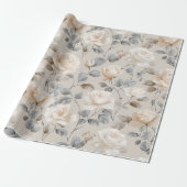 Zachte Witte Roos Beige Bloemmotief Cadeaupapier (Uitgerold)