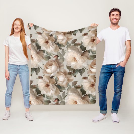 Zachte Witte Roos Beige Bloemmotief  Fleece Deken (In situ)