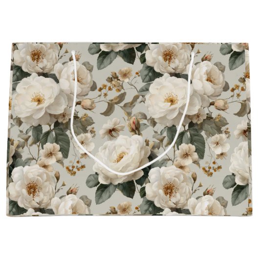 Zachte Witte Roos Beige Bloemmotief Groot Cadeauzakje (Voorkant)