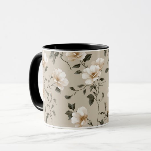 Zachte Witte Roos Beige Bloemmotief  Mok (Voorkant links)