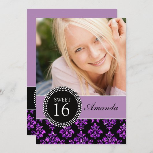 ZACHTE ZES, PAARSE GLITTER, ZWARTE DAMASK KAART (Voorkant / Achterkant)