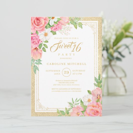 Zachte Zestien Bloemrijke Elegante Roos Tulp Roze Kaart (Staand voorkant)