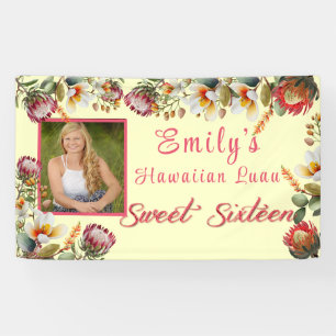 Zachte Zestien Hawaiiaans Feest Tropische Bloemen Spandoek