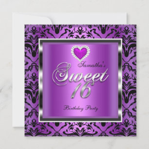 Zachte Zestien Sweet 16 Feest Paars Damast Zwart Kaart